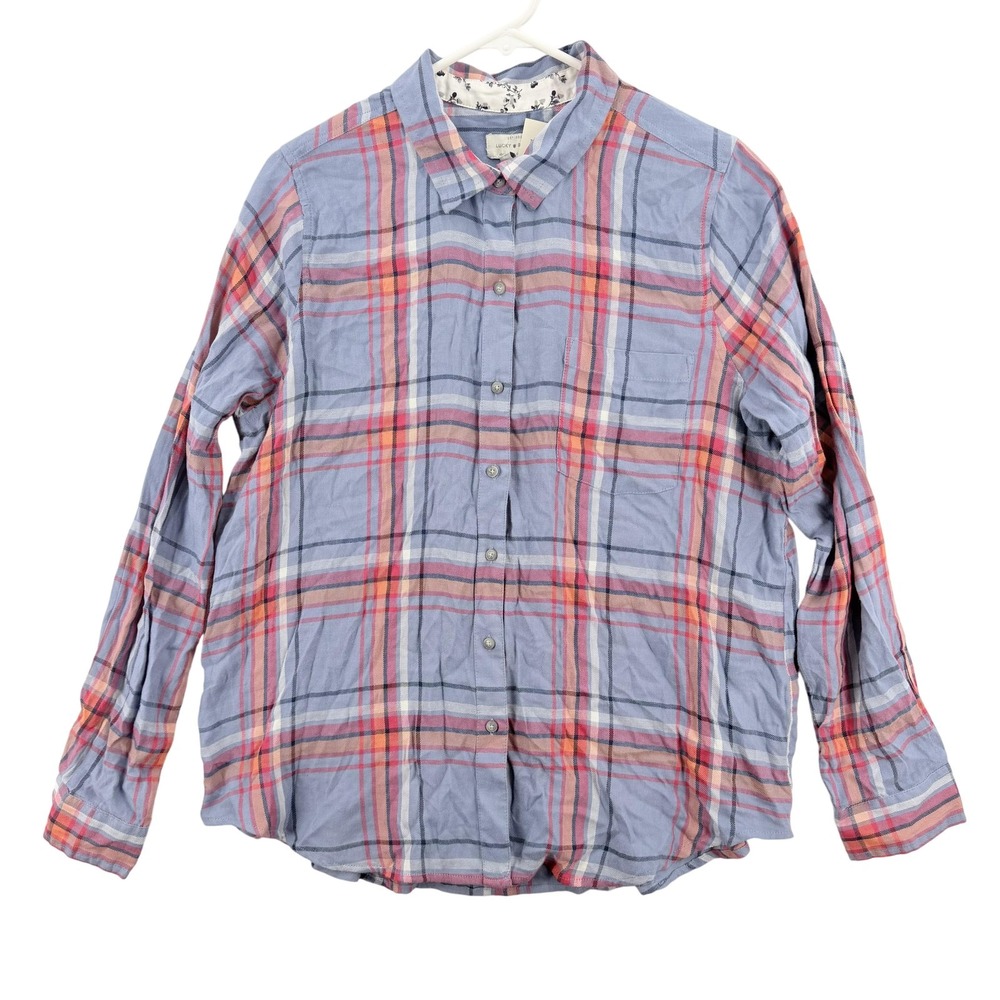 Lucky Brand Shirt Womens XL Blue Plaid Button Down Long Sleeve Floral Soft NWT